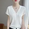 Cardigan Camiseta de Tricô Manga Curta Gola V Estilo Francês para Mulheres, Verão 26, Fino Vazado Listrado Modelagem Solta, Emagrecedor, Top com Toque de Luxo