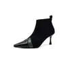 Botas de tornozelo femininas de couro bovino de camada superior + elásticas, novas botas de salto agulha bico fino outono e inverno, botas femininas curtas elásticas
