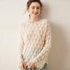 Suéter feminino de cashmere com gola redonda vazada e manga sino, estilo francês, moderno, tendência, top pullover novo e moderno