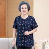 Camisa de seda de algodón para mujeres de mediana edad y mayores, cárdigan de cuello redondo para señoras mayores, blusa fina de manga corta de algodón artificial de verano para abuelas