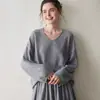 ¡Suave y sofisticado! Suéter de cachemira de corte holgado con borde enrollado para mujer, capa base de punto con cuello en V, top simple y versátil