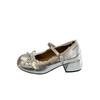 Zapatos Mary Jane de Tacón Grueso Estilo Ballet Francés Plateados para Mujer 2025 Nuevo Verano Boca Baja Una Tira Tacones Altos