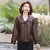 Jaqueta de Outono para Jovem Mãe com Gola Reversível, Casaco de Couro PU Liso, Jaqueta de Couro Elegante à Prova de Vento para Mulheres de Meia-Idade e Idosas