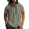 Camiseta de algodão e linho com capuz, manga curta, casual, masculina, de praia, nova, europeia e americana, para 2026, transfronteiriça, primavera-verão