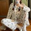 Pijama Coreana Nova Feminina de Algodão Bolha Feminina Primavera e Outono Crepe Calças de Manga Comprida Fina Roupa de Casa Terno Roupa Exterior