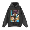 Sudadera con capucha con estampado de anime de dibujos animados, estilo lavado vintage y desgastado, corte extragrande, sudadera de cuello redondo de anime de moda