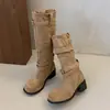 Botas Vaqueras Western de Tacón Grueso Hebilla de Cuero Botas Largas Mujer 2026 Nuevo Verano Botas Largas de Tacón Apilado Botas de Montura