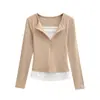 Camiseta Primavera y Otoño Estilo Chica Picante Top Corto con Cremallera Falsa de Dos Piezas Tejido de Punto para Mujer, Corte Ajustado, Versátil, Mangas Largas