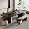 Mesa de Té Estilo Wabi-Sabi con Acabado de Alta Gama, Mesa de Té y Juego de Sillas de Madera Maciza Negra, Mesa de Té Simple para Recepción de Sala de Té de Oficina
