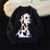 Outono e Inverno 2025 Roupa de Casal Estilo Preguiçoso Masculino e Feminino Imitação de Visão Macia Waxy Gola Redonda Pulôver de Malha Cartoon Tendência