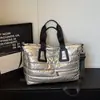 Bolsa de Viaje, Bolsa de Equipaje Ligera, Bolsa Plateada de Gran Capacidad, Bolsa de Algodón de Moda para Mujer, Bolsa Tote, Bolso Cruzado de Mano