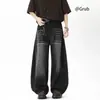 Jeans preto retro americano de bainha curva para homens, novo design de alta costura de outono, corte solto, modelador, calças pantalona fluidas