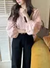 Camisa de Manga Larga a Rayas Rosas Estilo Coreano Suave para Mujer Nueva Primavera y Verano Elegante para el Trabajo Top con Mangas Abullonadas
