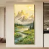 Pintura Decorativa Elegante de Montaña Dorada, Pintura de Paisaje Vertical Estilo Chino Nuevo para Pasillo y Entrada, Arte de Pared Paisaje con Resplandor Solar