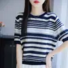 Camiseta de punto de manga corta de Lyocell para verano, color de contraste, rayas retro, simple, elegante, holgada, casual, top fino para mujer