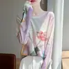 Nueva Colección Primavera-Verano 2026 Camiseta de Punto con Mangas Largas, Cuello Redondo, Holgada, Pintada, con Protección Solar, Estampado Artístico para Mujer