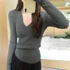 Tricô Decote V Garota Quente Feminino Primavera, Outono e Inverno Camisa de Camada Interna Look Emagrecedor Cintura Justa Ombro Direito Top de Manga Comprida