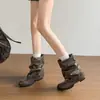 Botines de tacón grueso versátiles botas de tacón alto con correa de hebilla caña de mujer arrugadas 2026 Otoño/Invierno botas de caballero apiladas nuevo retro