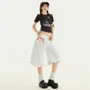Calça Jeans Cropped Azul Profundo com Barra Franzida Verão 2026 Cintura Baixa Confortável Solta Design de Nicho Levemente Flare Atacado