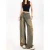 Jeans largo rasgado estilo deserto retrô americano para mulheres, novas calças retas folgadas de cintura alta emagrecedoras plus size