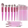 Set de Brochas de Maquillaje Personalizado de Amazon de 18 Piezas con Mangos de Madera Color Rosa Barbie y Cerdas Suaves, Set Profesional de Brochas de Maquillaje para Corrector Sin Costuras