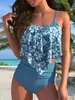 Maiô Europeu e Americano Estampado Separado Feminino com Babado Cintura Alta Cobrindo a Barriga Biquíni de Duas Peças Roupa de Banho para Férias na Praia