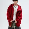 Cardigã de corte solto, top estilo workwear, conjunto vermelho oversized estilo americano, moletom com capuz para homens, tamanho R, coleção de outono