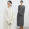 Japão Lotte Primavera e Outono Estilo Preguiçoso Emagrecimento Vestido Suéter Feminino Novo Solto Para Cobrir Gordura Bolso Vestido Longo Cor Sólida dress