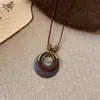 Colar Pingente Gota d'Água Redonda Folha de Ginkgo com Contas de Madeira Estilo Étnico Retrô Corrente de Suéter Tendência Colar Elegante da Moda para Mulheres