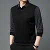 Camisa polo de iroko falsa de duas peças para homens de meia-idade e jovens, manga longa, elástica, senso de alta qualidade, forrada com fleece, espessada, gola virada, estilo pai