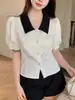 Camisa Casual Elegante Curta Estilo Francês com Design de Cor Contrastante, Blusa de Alta Qualidade Única e Estilosa para Mulheres