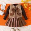 Trajes Cálidos de Primavera y Otoño Europeos y Americanos de Amazon para Niñas Pequeñas y Medianas Cuello Redondo Ropa Interior Ajustada + Chaleco de Piel + Falda Plisada