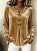 2026 E-commerce Transfronteiriço Europeu e Americano Novo Estilo Feminino Elegante Gola V Botão Manga Longa Veludo Top Camiseta Roupa Feminina