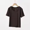Nueva Camiseta Fina de Verano Tencel Lyocell con Cuello en U para Mujer, Top Holgado Casual de Manga Corta de Color Sólido Versátil Ajustado para Mujer