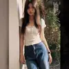 Top Ajustado Estilo Chica Picante con Cuello en U y Hombros Descubiertos para Mujer, Nuevo Camiseta de Botones Retro Americana Verano 2026, Mangas Cortas Ribeteadas Adelgazantes