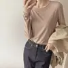 Camiseta Básica de Terciopelo Doble Cara para Mujer, Otoño e Invierno, Manga Larga Cepillada, Forro Polar, Estilo Coreano, Top Blanco con Cuello Redondo