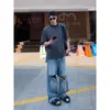 Jeans Retro Americano Oversized com Barra Desfiada, Caimento Fluido, Comprimento até o Chão, Calças Wide-Leg Lavadas para Homem, Jeans Rasgado para Homem