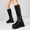 Botas de mujer de caña alta, talla grande, estilo europeo y americano, con plataforma impermeable antideslizante de suela gruesa, cremallera trasera, punta cuadrada, para montar, tallas 34-43