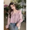Foto Real Estilo Coreano Suave Solto Cadarço Camisa Top Feminino Design Decote V Retrô Manga Longa Camisa Primavera 47453