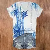 Top de manga corta para mujer con estampado digital 3D de mariposas y bambú vintage transfronterizo, cuello en V, manga corta, personalizado