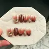 10 Piezas de Uñas Portátiles Hechas a Mano, Estilo Francés Degradado Rojo-Marrón Retro con Diamantes Triturados, Piezas de Uñas Removibles Terminadas