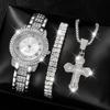 Relógio de quartzo de personalidade explosiva, conjunto de joias, moda simples para homens e mulheres, pulseira de fileira dupla, relógio de cruz