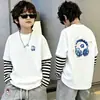 Camiseta de algodón de manga larga estampada para niños, moderna y sencilla, camiseta básica de retazos a rayas estilo coreano, top de imitación de dos piezas, estilo ins