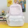 Mochila doce estampada estilo coreano para estudantes do ensino fundamental II e médio, com design de acabamento em renda feminina