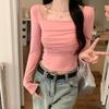 Tiro Real # Camiseta Cuadrada de Manga Larga para Mujer, Nuevo Estilo Primavera 2025, Top Base Único y Exquisito con Cuello Halter y Atado.