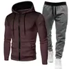 Nuevo conjunto de cremallera de color sólido con estampado de lunares estilo europeo y americano, que incluye una sudadera con capucha unisex forrada de polar y pantalones de chándal para otoño e invierno