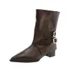 Botines de cuero de punta fina, tacón grueso, modernos, colección primavera/otoño 2026, botas para mujer con correas de hebilla, botas de montar, botas de media pantorrilla