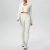 Chaqueta Deportiva de Color Puro Europeo y Americano con Cremallera y Mangas Largas, Chaleco tipo Sujetador Halter, Pantalones de Yoga, Ropa de Fitness, Traje de Yoga de Tres Piezas