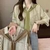 Top Rayado de Manga Larga Holgado, Camisa de Primavera para Mujer, Abrigo de Media Manga, Elegante y a la Moda Camisa Chal