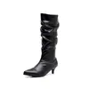 Nuevas Botas Vaqueras de Moda Otoño Invierno Botas Largas Blancas de Tacón de Aguja para Actuación Puntiagudas Botas de Mujer Simples sin Cordones Tacón Medio Alto